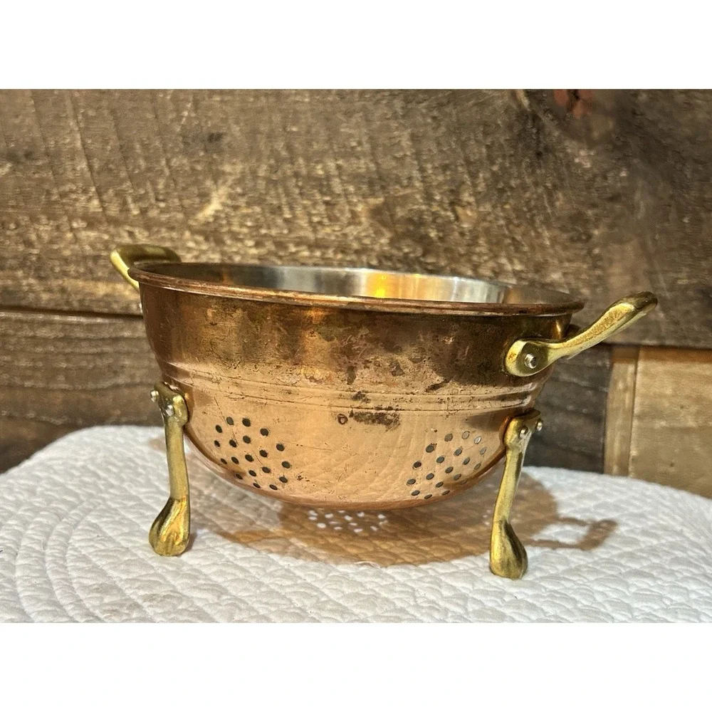 Vintage Small Copper Footed Colander Berry Strainer Brass Feet Cottage Farmhouse